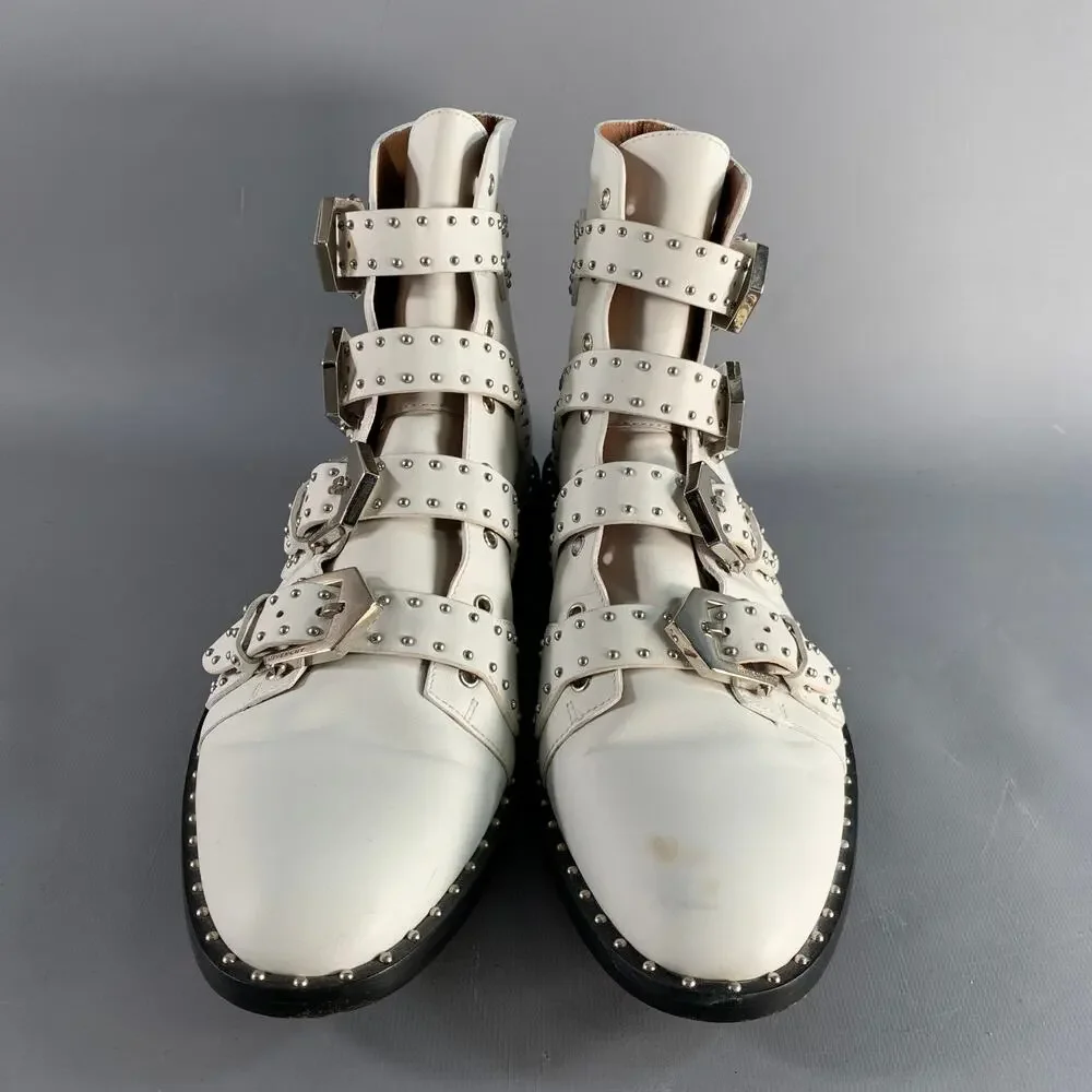 GIVENCHY Size 8 White Studded Leather Belted Boots